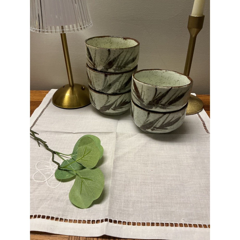 Vintage Japanese Bamboo Stoneware Tea Cups Speckled Green Glaze Set of 5 Bowls